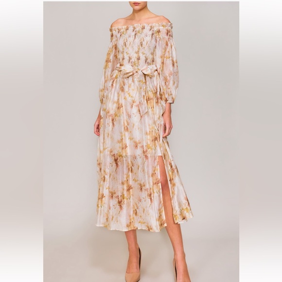 MELLODAY Dresses & Skirts - MELLODAY Cream Smocked Off the Shoulder Organza Midi Dress